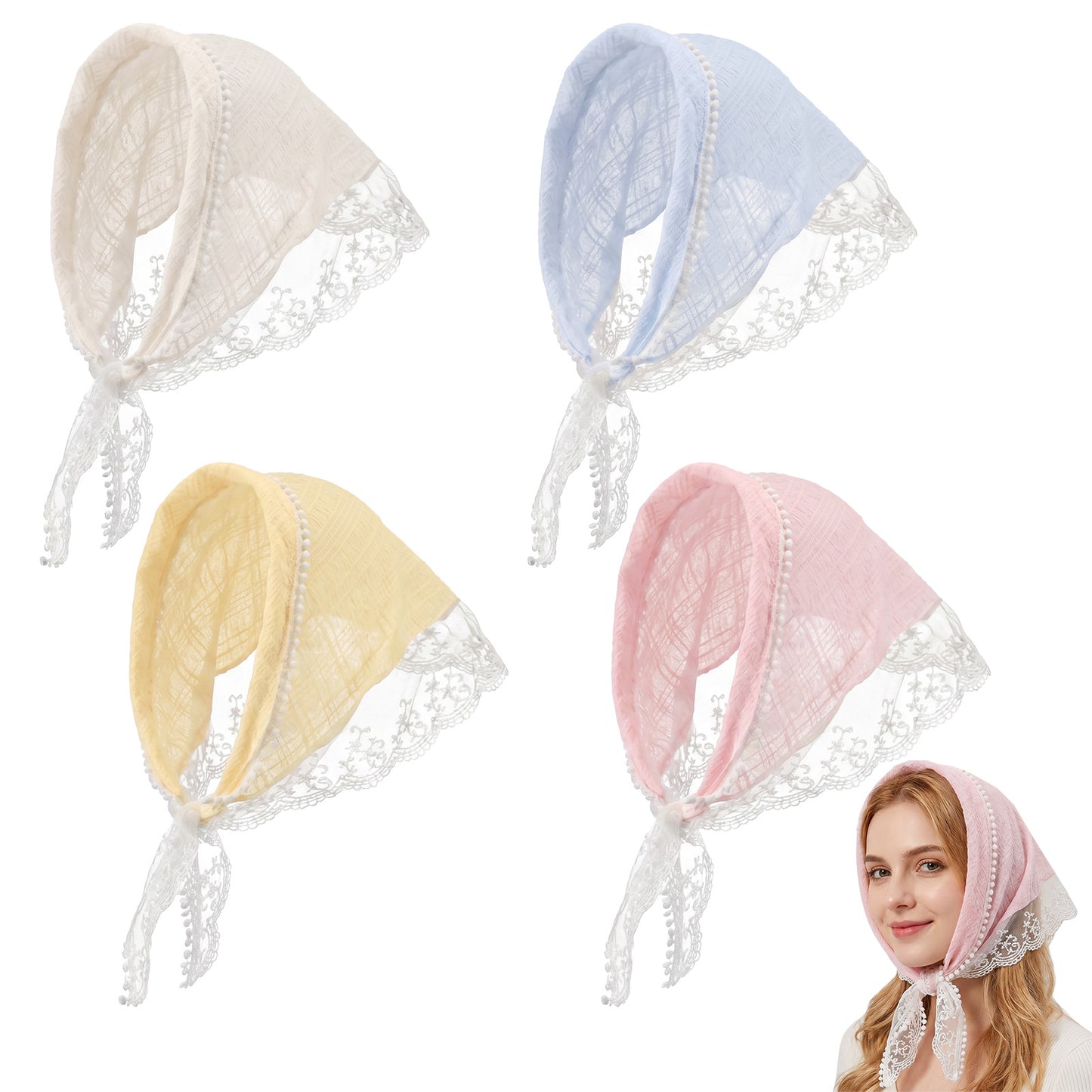 Elegaperma 4 Pcs Lace Bandana Hair Accessories, Polyester Hair Scarf for Women, Boho Head Coverings (Beige, Pink, Yellow, Blue, 80 x 55 cm)
