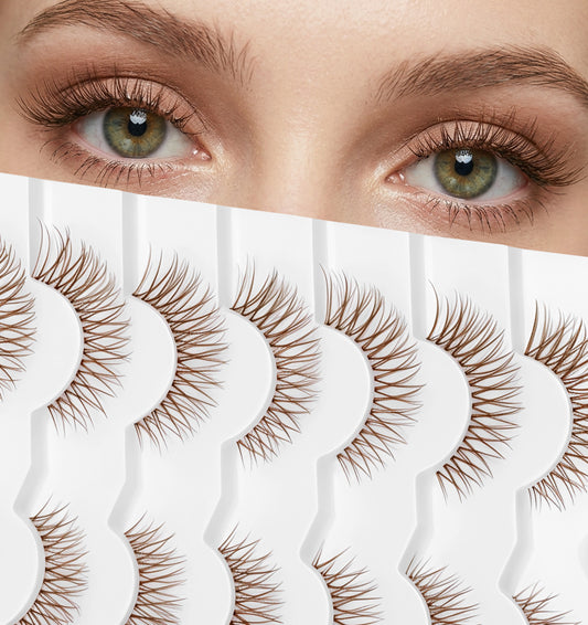7 Pairs Brown Strip Lashes, Natural Faux Mink Brown False Lashes Cat Eye