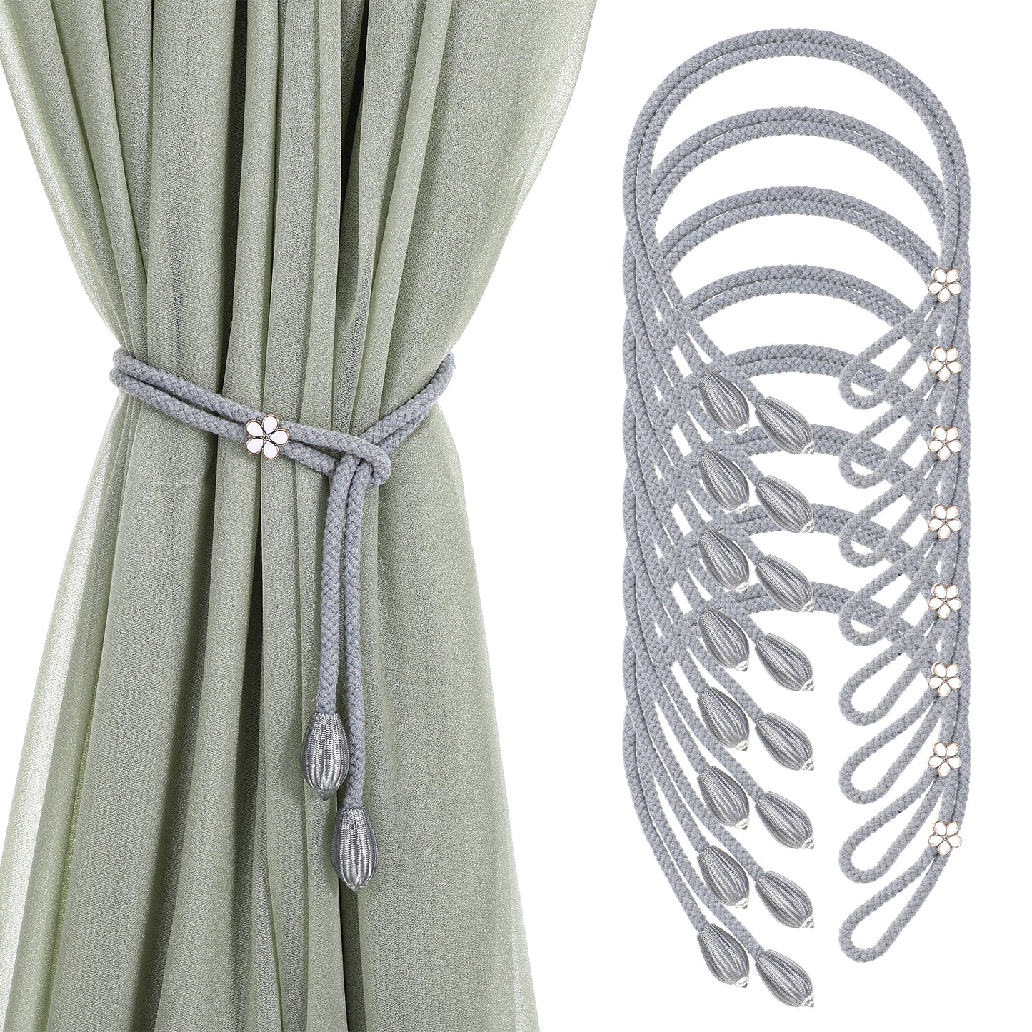 Oruola 8PCS Grey Tie Backs for Curtains, Polyester Curtain Tiebacks with Zinc Alloy Buckle, Decorative Curtain Tie Back for Home and Office