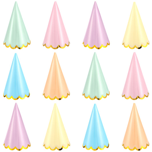 Classicseali 12pcs Party Hat, Gold-Stamped Pastel Party Hats with Elastic Cords, Birthday Partys Hat for Baby Showers, Bridal and Wedding Partys Decorations, 6 Colors