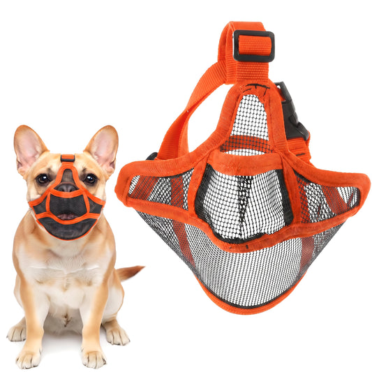 Frenchie Muzzle for Short Snout Dogs, Soft Polyester Mesh Design Allows Panting & Drinking, Adjustable Anti-Biting Mask for Grooming Walking (Orange, 64 x 14.5 cm)