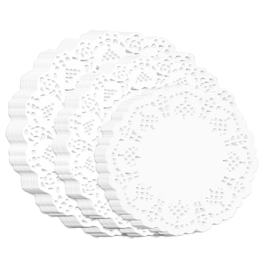 Thrymme 150PCS Paper Lace Doilies, Assorted Sizes 3.5", 6.5" & 8.5" Round White Dollies Lace Paper for Food, Disposable Lace Paper Doilies Placemats for Party, Cakes, Desserts, Tableware