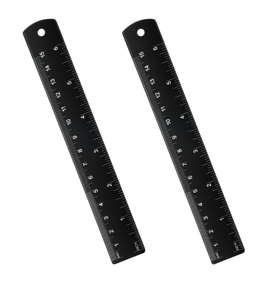 Metal Ruler 15cm, 2PCS Dual Scale Metric Imperial, Straight Edge Ruler for School Office Drafting Crafts (Black)