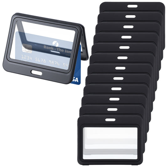 Classicseali 12PCS Double Sided Id Card Holder, Transparent Double Sided Badge Holder, Waterproof Horizontal Hard Plastic Black Badge Holders, for Office, ID,Credit Cards,Driver’s Licenses and Passes