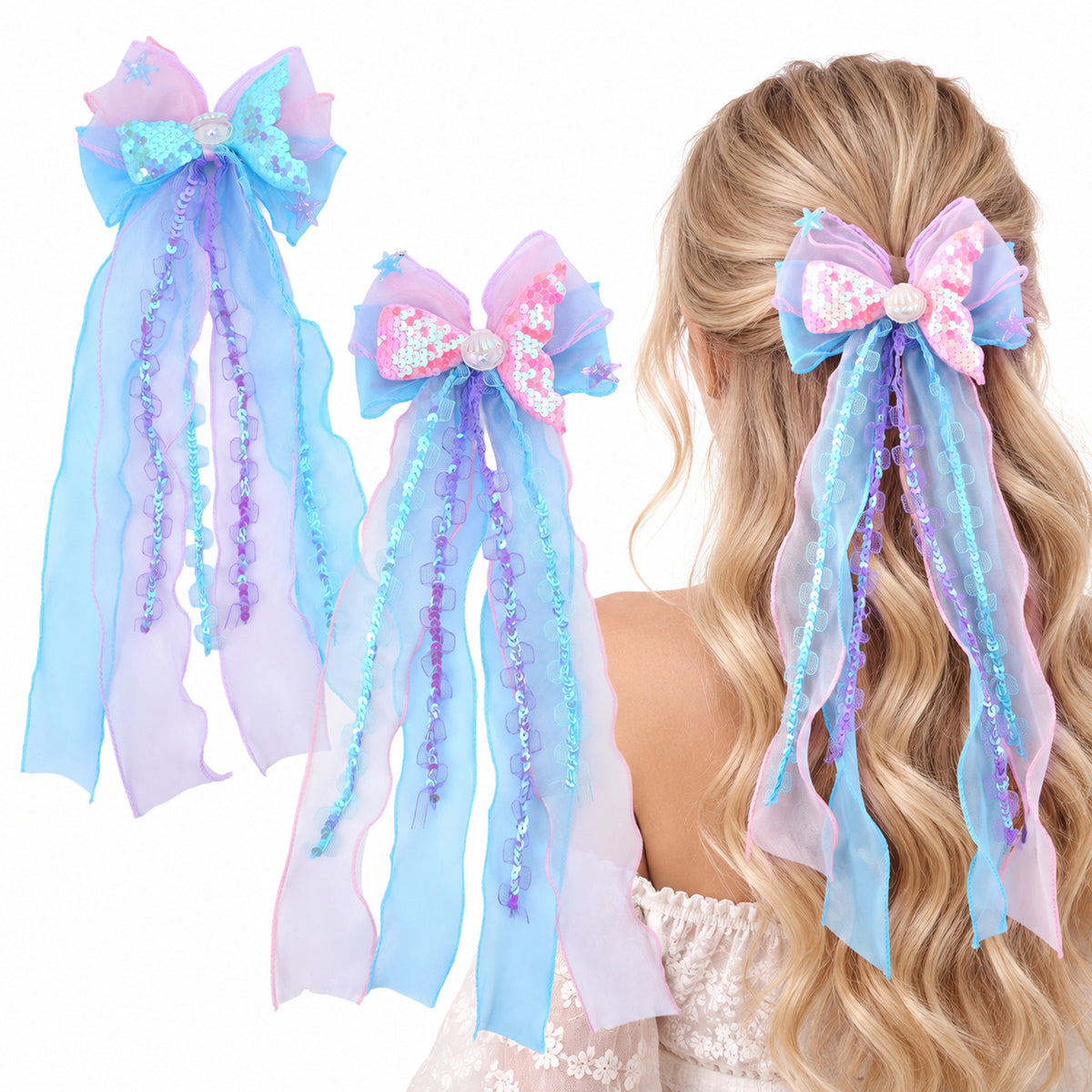 Elegaperma 2Pcs Rainbow Ribbon Hair Clips, Mermaid Bows Hair Barrettes
