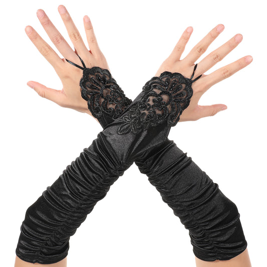 Elegaperma Long Black Fingerless Gloves,Satin Fingerless Gloves with Ring
