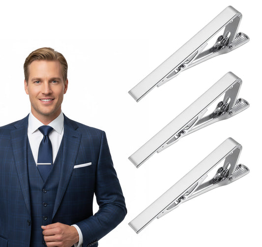 3 Pack Silver Tie Clip, Men's Tie Clips, Slim Tie Clip for Men Stainless Steel Necktie Bars, Anti-Slip Grip for Office Wedding Party, Polished Silver