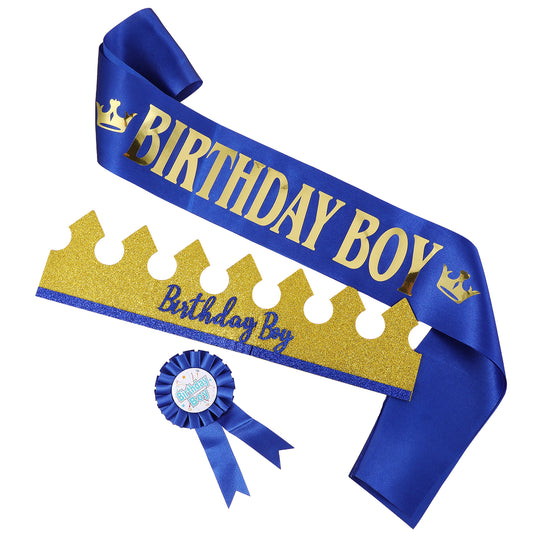 oruola 3pcs Birthday Boy Hat, Its My Birthday Badge, Blue Birthday Sash and Tiara Set, for Boy Theme Party Decoration Supplies