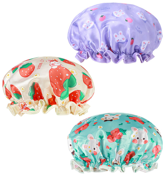 3 Pcs Kids Shower Caps, Waterproof Double Layer Toddler Shower Cap, Elastic Band Reusable Shower Cap & Sleeping Bonnet for Kids, Girls Boys Sleeping, Bath