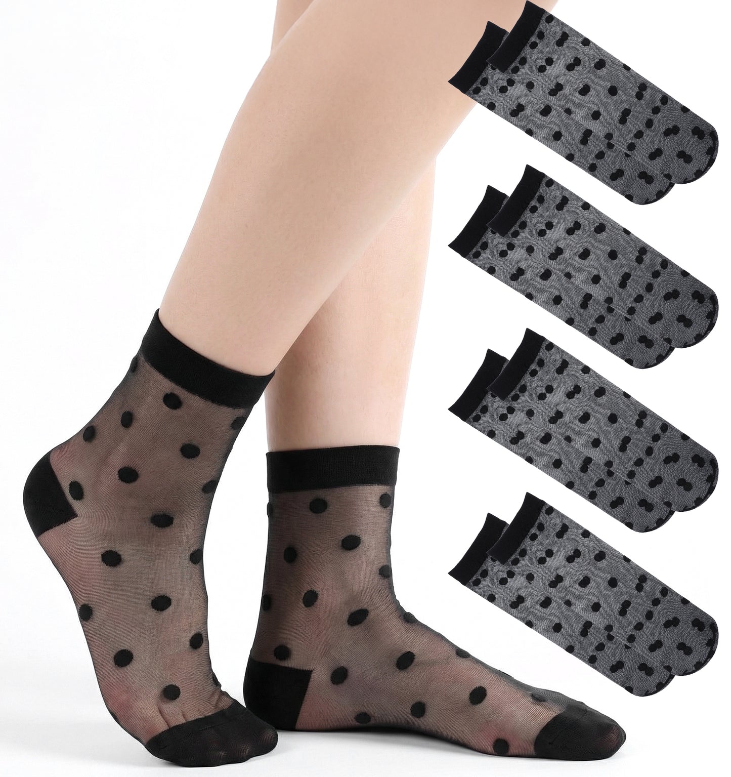 FRCTLNKG Black Sheer Socks Women, 4 Pairs Nylon Ankle Socks with Pattern, 25cm Length x 7.5cm Width