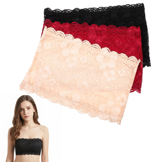 ValueBargain Lace Bandeau Bra, 3 PCS Lace Tube Tops for Women, Breathable & Seamless for Professional or Casual (11.8 X 7.1 in, Black, White, Apricot)