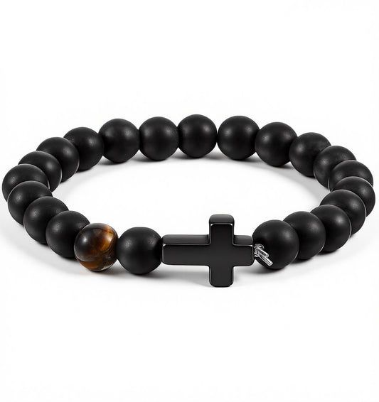 Thrymme Natural Stone Cross Bracelet, Mens Beaded Bracelet with Frosted Cross, Stretch Elastic Wristband (18cm)