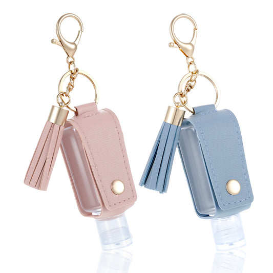 Classicseali 2PCS Hand Sanitizer with Clip, Portable Leather Hand Sanitizer with Holder, Refilled Empty Hands Sanitizers Bottles, with Keychain, for Bathroom Liquid Soap Shampoo, Pink, Blue