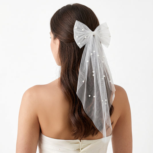 guduling Bow Veil,White,Bridal Pearl Hair Bow Veil,16.54X6.30 IN