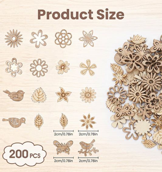 200 Pcs Craft Supplies, Wooden Craft Shapes Leaf Bird Flower Butterfly