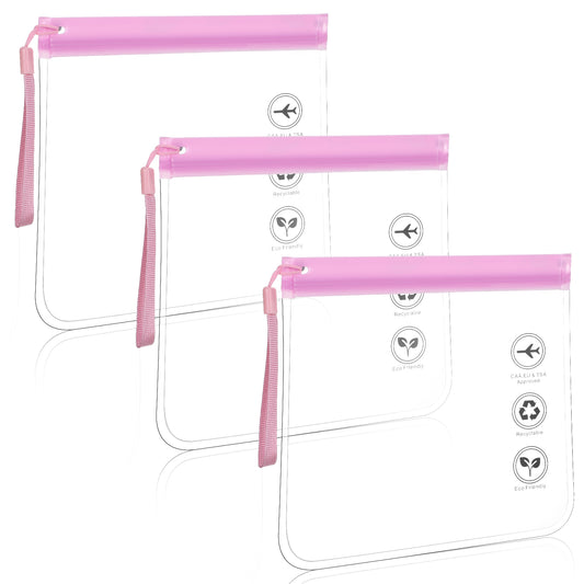 oruola 3pcs Airport Security Liquids Bags,Clear Travel Toiletry Bags for Women,Leakproof Travel Accessories Makeup Bags,20 x 20 cm Airport Liquid Bags,Holiday Essentials Luggage for Men Women(Pink)