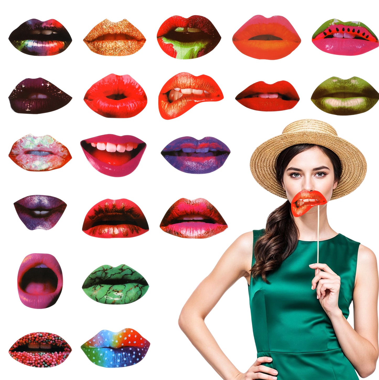 Guduling 20 Pcs Photobooth Party Props,Funny Mouth Lips Photo Booth Prop,Handheld Birthday Photo Props,Funny Mouth DIY Set with Wood Stick for Birthday,Weddings