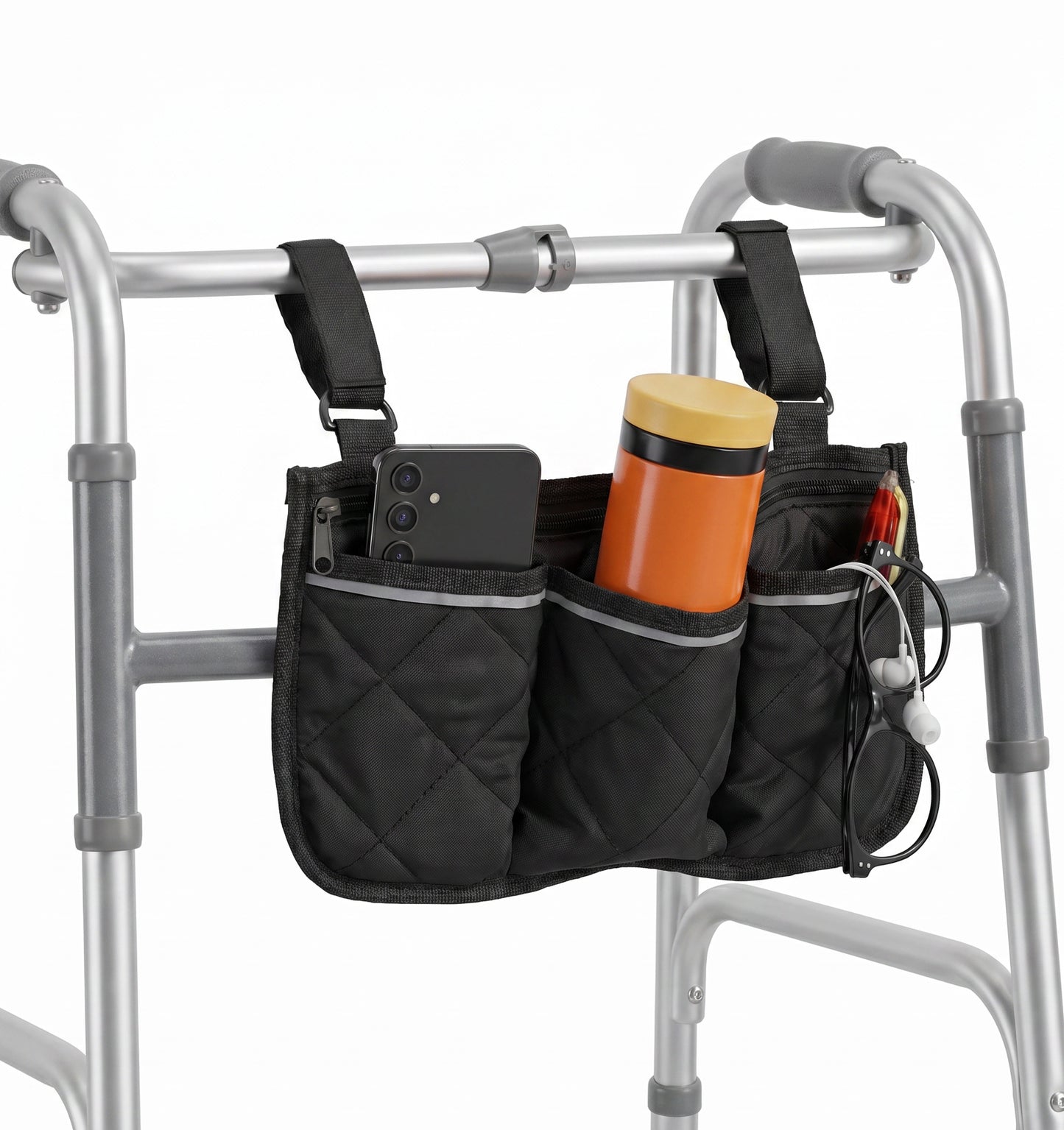 Walker Bags, Walker Pouch for Folding-Walker with Reflective Strips, Universal Wheelchair Storage Bag with 2 Adjustable Straps, 12.8x7.1" Compact Size, Black