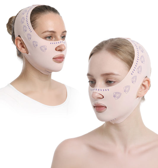 2Pcs V-Line Lifting Mask, Reusable Chin Strap For Double Chin, Adjustable Nylon Face Slimming & Jawline Sculpting Band For Firm Lifted Skin (Pink, 52 * 11.5 cm)