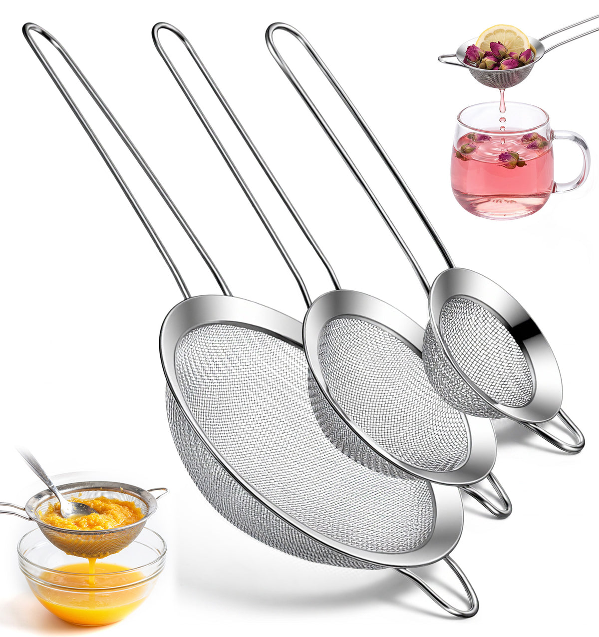 3-Piece Sieves and Strainers, Stainless Steel Kitchen Sieve