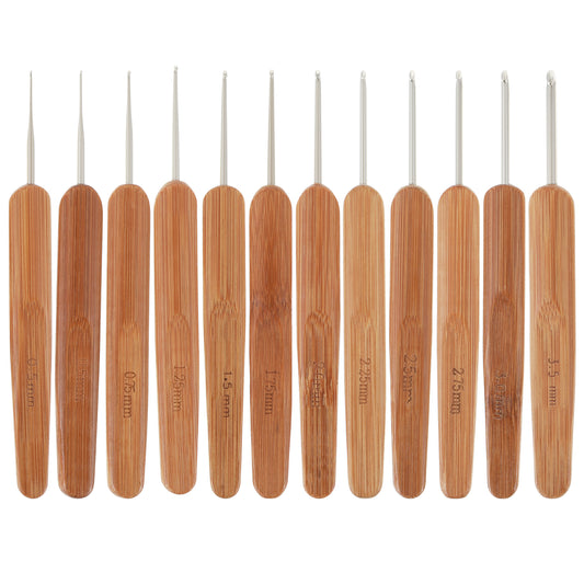 Oruola 12pcs Dreadlock Crochet Hook,Crochet Needles for Hair,Different Sizes of Hair Crochet Needle with Bamboo Handle for Dreadlocks Braid Craft (0.5,0.75,1,1.25,1.5,1.75,2,2.25,2.5,2.75,3,3.5mm)