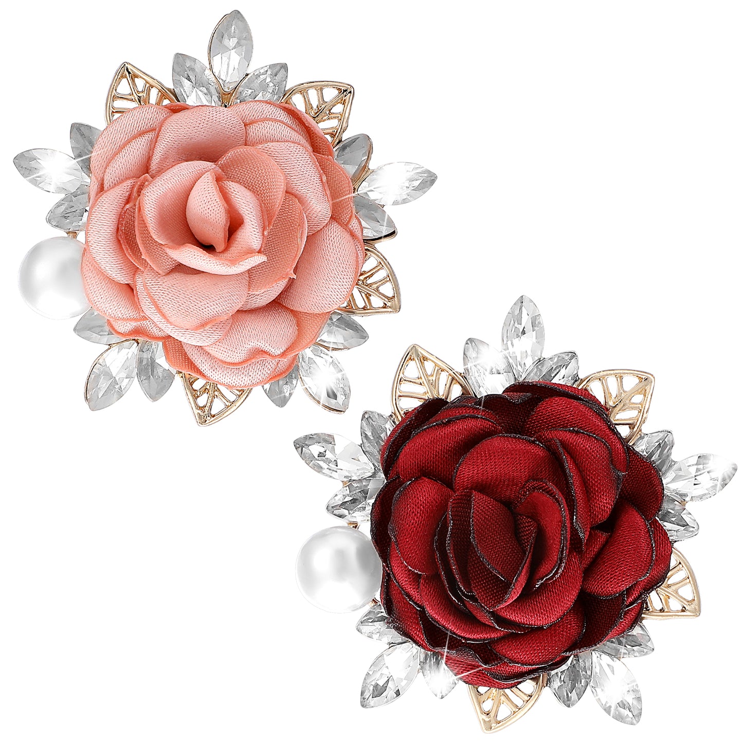 Oruola 2pcs Rose Brooch,Red and Pink Brooches and Pins for Women,Elegant Flower Brooches for Women, Handmade Satin Fabric Flower Crystal Pearl Pins Boutonniere for Clothes Fashion Accessories Jewelry