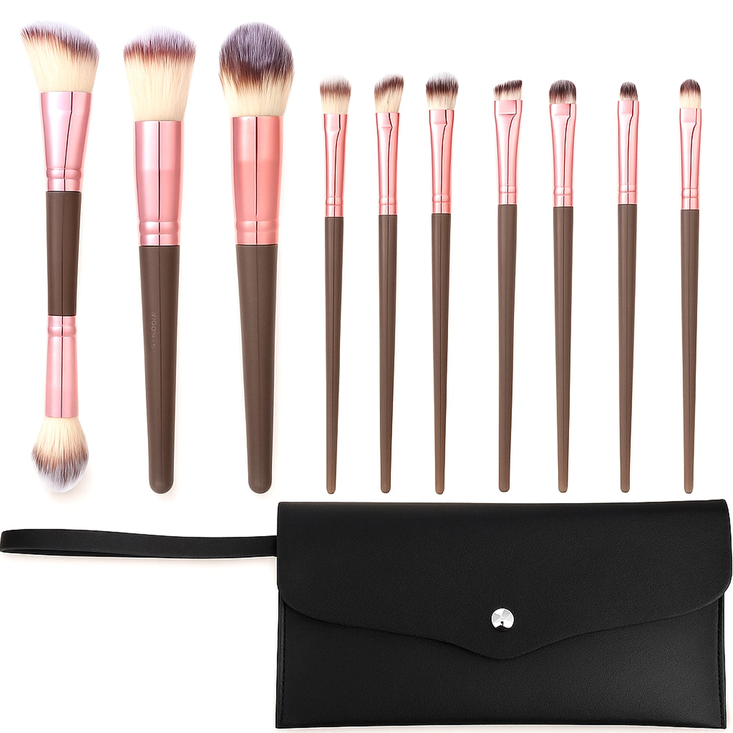 Makeup Brushes Sets, 10 Pcs Double-Ended Foundation Brushes with Angled/Round Tops, Brown Champagne Gold for Liquid Powder Cream Blending