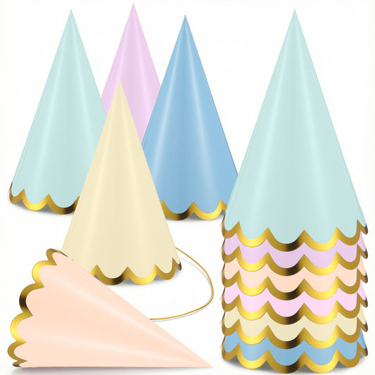 Classicseali 24pcs Party Hat, Gold-Stamped Pastel Party Hats with Elastic Cords, Birthday Partys Hat for Baby Showers, Bridal and Wedding Partys Decorations, 6 Colors