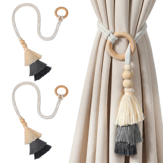 Guduling 2 Pack Curtain Tiebacks Boho,Black Curtain Tie Backs,Adjustable Boho Curtains Tiebacks with Tassel & Natural Wood Rings, No-Drill Drapery Tie Backs for Bedroom, Living Room & Window Decor