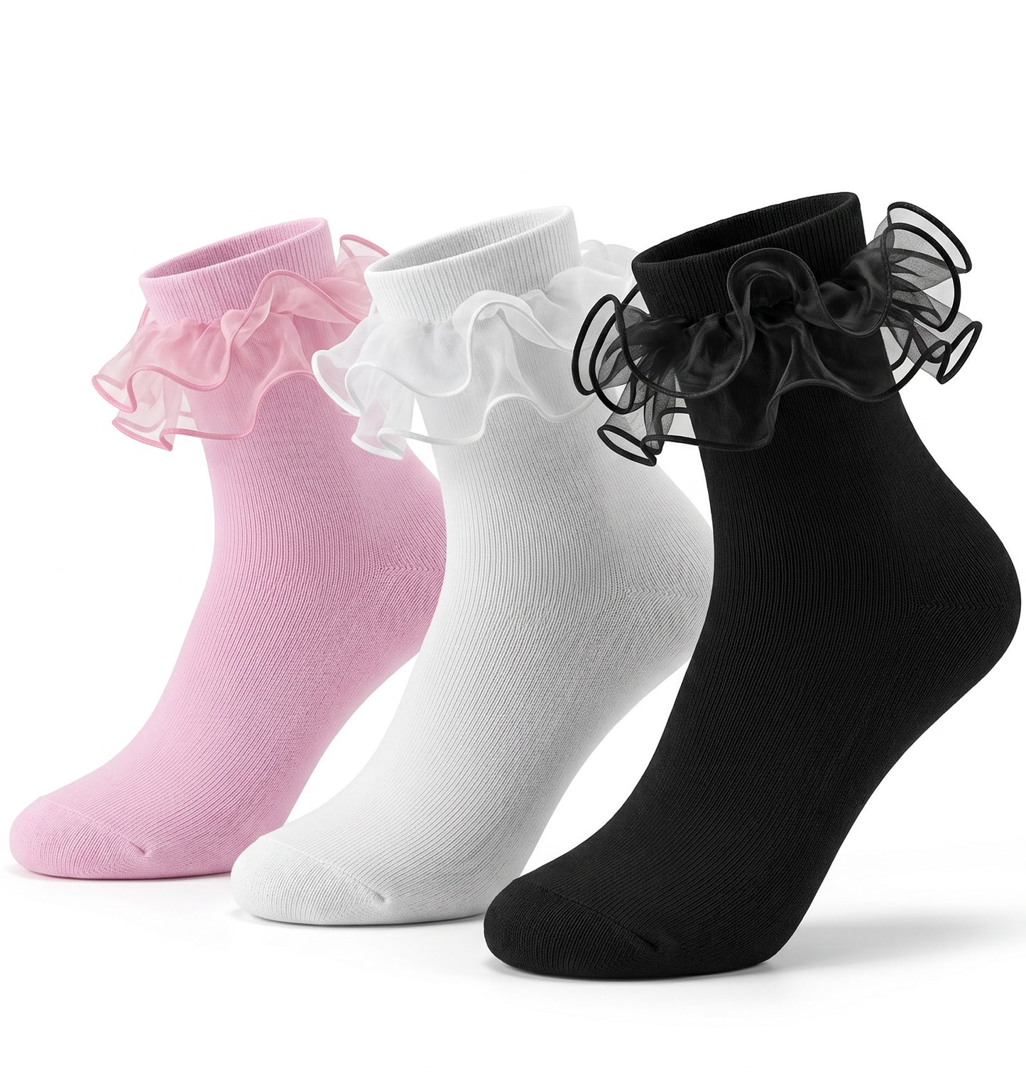 FRCTLNKG 3 Pairs Adult Ruffle Socks for Women, Pink Ruffle Socks Lace Frilly Ankle, Cute Sweet Lolita Socks In Black White Pink For Daily Dress Matching