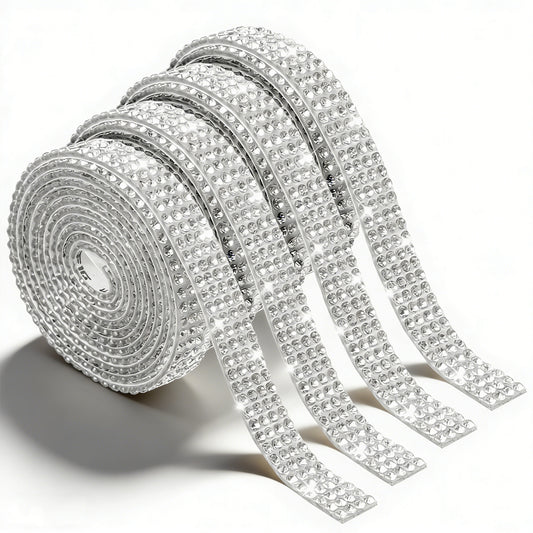 Classicseali 6 Rolls Rhinestone Ribbon, Self-Adhesive Rhinestone Ribbon Self Adhesive, 4 Rows of 1 Yard Rhinestones Tape, for Arts Crafts Wedding Birthdays Decoration, Silver