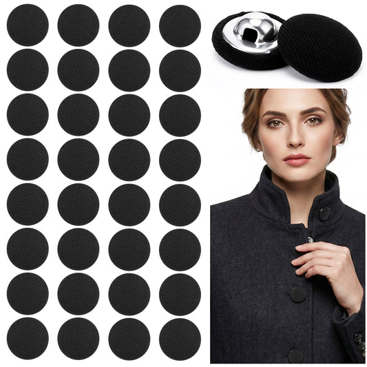 Guduling 50 Pcs Black Fabric Covered Buttons,Tuxedo Suit Button, 1.5cm 0.59 Inch Satin Covered Button with Shank Holes for Dresses, Blouses, Suits & DIY Craft, Black Satin Buttons for Sewing
