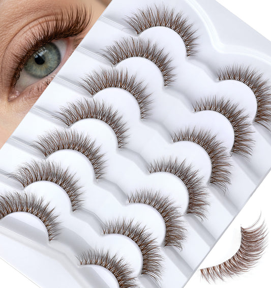 7 Pairs Brown Eyelashes, Natural Wispy Cat Eye Brown Lashes Strips