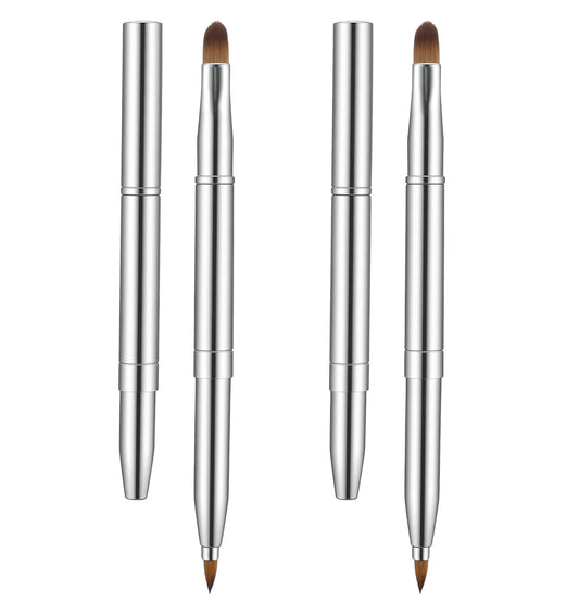 2PCS Retractable Lipstick Brush, Double-Ended Retractable Lip Brush for Lipstick, Gloss and Eyeshadow, with Cap for Clean Storage, Silver
