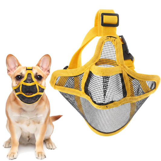 Short Snout Dog Muzzle, Adjustable Soft Frenchie Muzzle with Breathable Mesh, Prevent Biting Barking for Shih Tzu Pug, Allow Drinking and Feeding (Yellow, 64 x 14.5 cm)