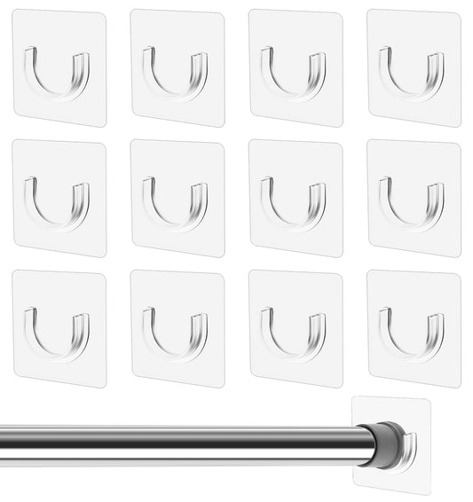12 PCS Adhesive Curtain Rod Holder, Curtain Rod Holder Tension Curtain Rod Bracket, No Drilling for Kitchen, Bathroom, Window, Bookshelf, Closet