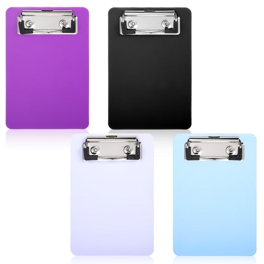 Oruola 4pcs Small Clipboard,Colorful Mini Clipboards,Small Clipboards 4 x6 in,A6 Plastic Clipboard for Classrooms, Offices, Restaurants, Doctor Offices, Hotel, Black White Purple Blue