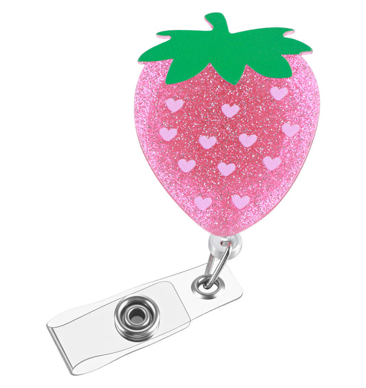 Strawberry Badge Reel, Cute Pink Glitter Retractable Strawberry Badge Clip Personalized ID Name Holder Ideal for Nurse, Medical Worker, Teacher, Dietitian, Acrylic Kawaii Design