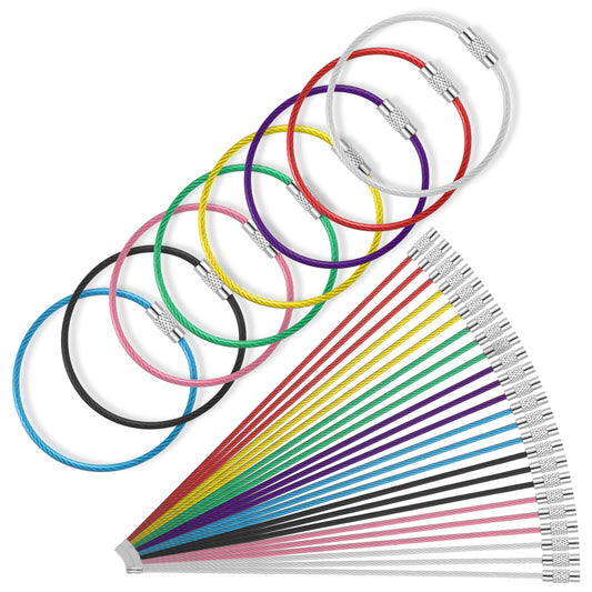 oruola Wire Keychain Cable, 24 Pack Large Stainless Steel Key Ring Loop Holder, Key Ring Hoop for Luggage Tag, 15cm Cable Keyring Loop in 8 Colors for Travel, Hiking, and Outdoor Use