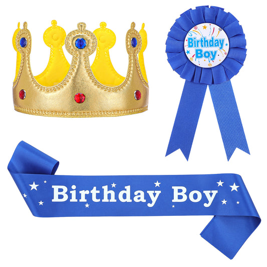 guduling 3 Pcs Birthday Boy sash for Men,Birthday King Sash,Blue with Gold Ring,Birthdays Sashs King Crown and Button Pin Blue Golden Rings Party Accessory Set for Party Supplies Favors