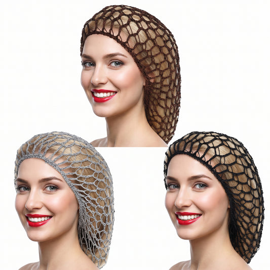3 Pack Hair Nets for Sleeping In, Hair Net for Sleeping Breathable Rayon Crocheted Snood Cap for Women Sleep, Shower & Salon Use (Black, Gray, Brown)