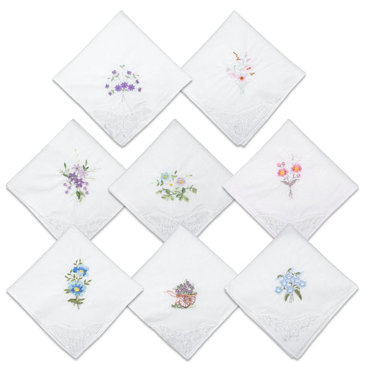 guduling 8 Pcs Ladies Handkerchiefs,Ladies Cotton Handkerchiefs Flower,Assorted Womens Handkerchief Cottons Soft,Elegant Vintage Floral Women's Handkerchief for Wedding Party