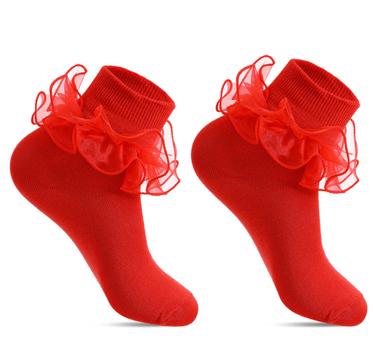 FRCTLNKG 1 Pair Red Socks, Cotton Frilly Socks Women with Lace Ruffle Cuff
