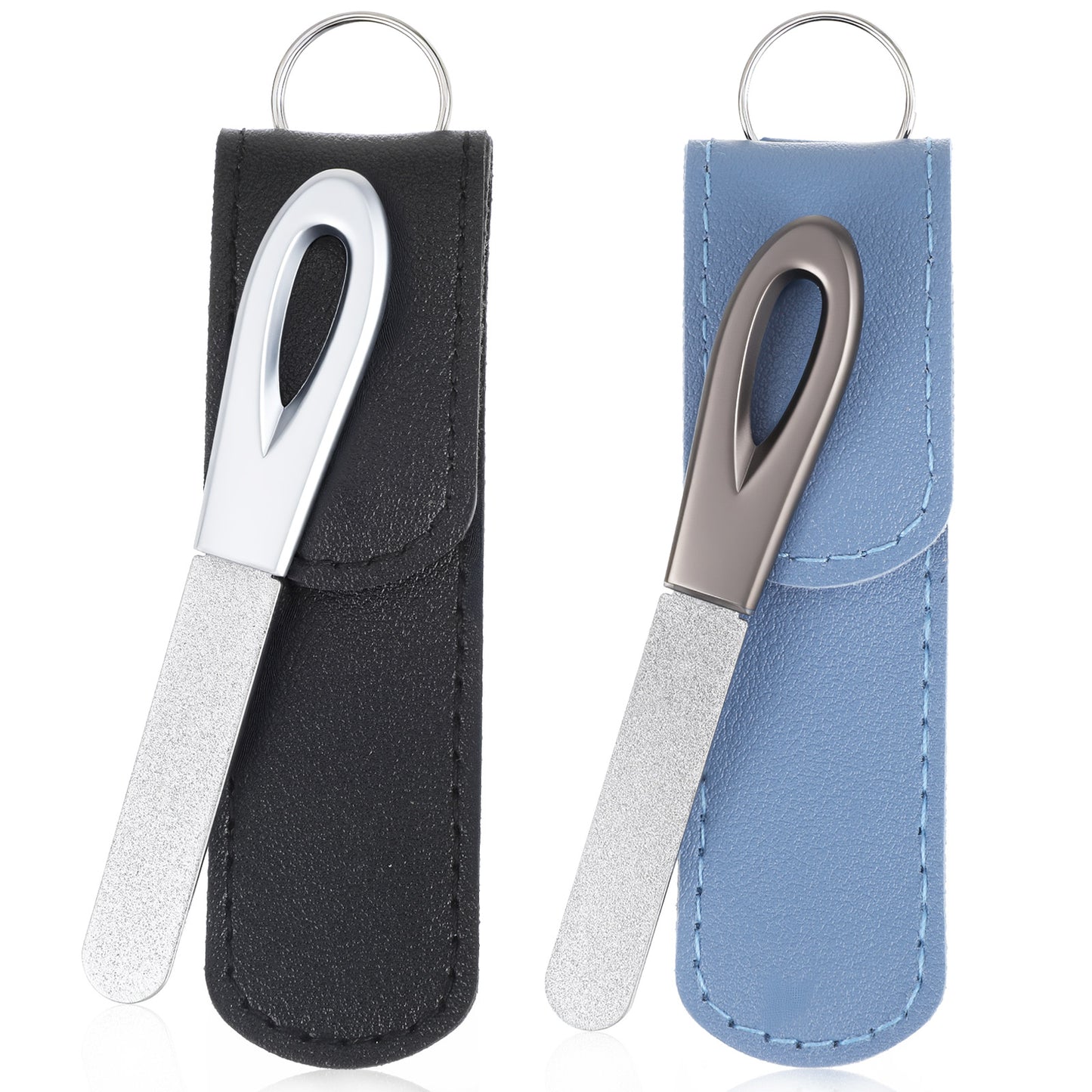 Guduling 2 Pcs Metal Nail File with Case,Stainless Steel Nail Files,3.5IN Diamond Round Tip Stainless Steel Double Sided Fine Grit Sapphire Filer with Leather Sheath Travel (Black,Blue