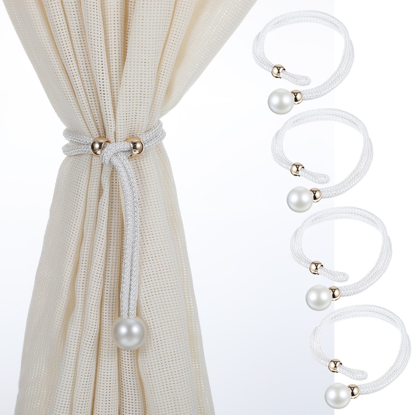 oruola 4pcs Tie Backs for Curtains, Elegant White Pearl Curtain Tie Backs, Adjustable Curtain Ties for Home, Office, Hotel Decor, Window Drapery