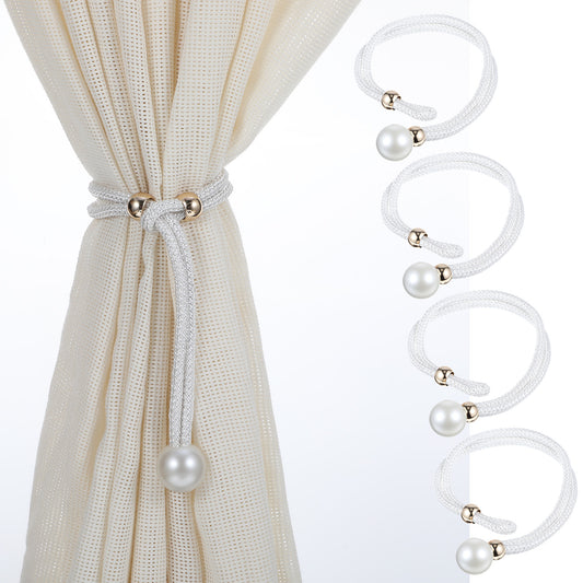 oruola 4pcs Tie Backs for Curtains, Elegant White Pearl Curtain Tie Backs, Adjustable Curtain Ties for Home, Office, Hotel Decor, Window Drapery