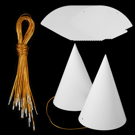 Classicseali 20pcs White Party Hats, Paper Party Hats Adult Art DIY, Birthday Cone Hat Crafts with Gold Elastic Cord,for Children Adult Painting Halloween Christmas Supplies Costume Headdress