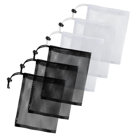 Classicseali 6PCS Small Mesh Laundry Bags, Small Net Bags Drawstring Closure, Polyester 20 x 15 cm Mesh Bag Drawstring, for Travel, Volleyball, Golf, Beach Toy Storage, Black & White