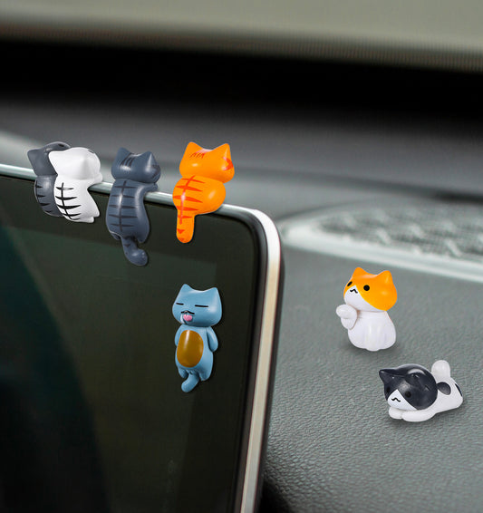 6 Pcs Mini Cat Figurines, Cute Cat Car Dashboard Decorations Funny Cats Car Accessories Interior Decor for Cars Rear View Mirror & Computer monitor Office Desk Home, Perfect for Cats Lovers, Resin