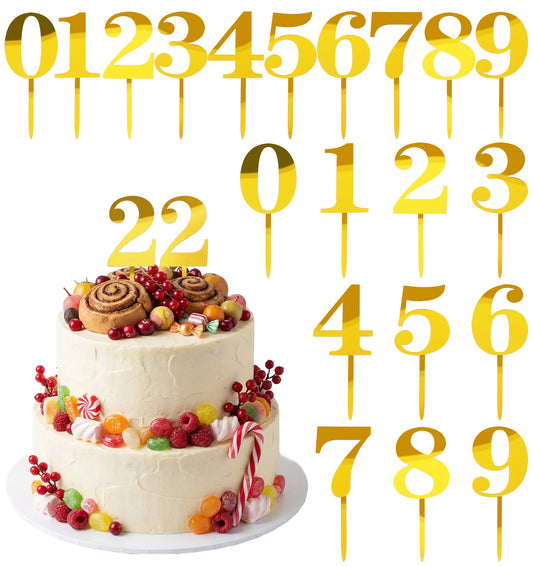 20Pcs Acrylic Number Cake Toppers, 2-Inch Versatile Number Toppers for Cake for Birthday Wedding Anniversary Party & Cupcake Decorations (Gold)